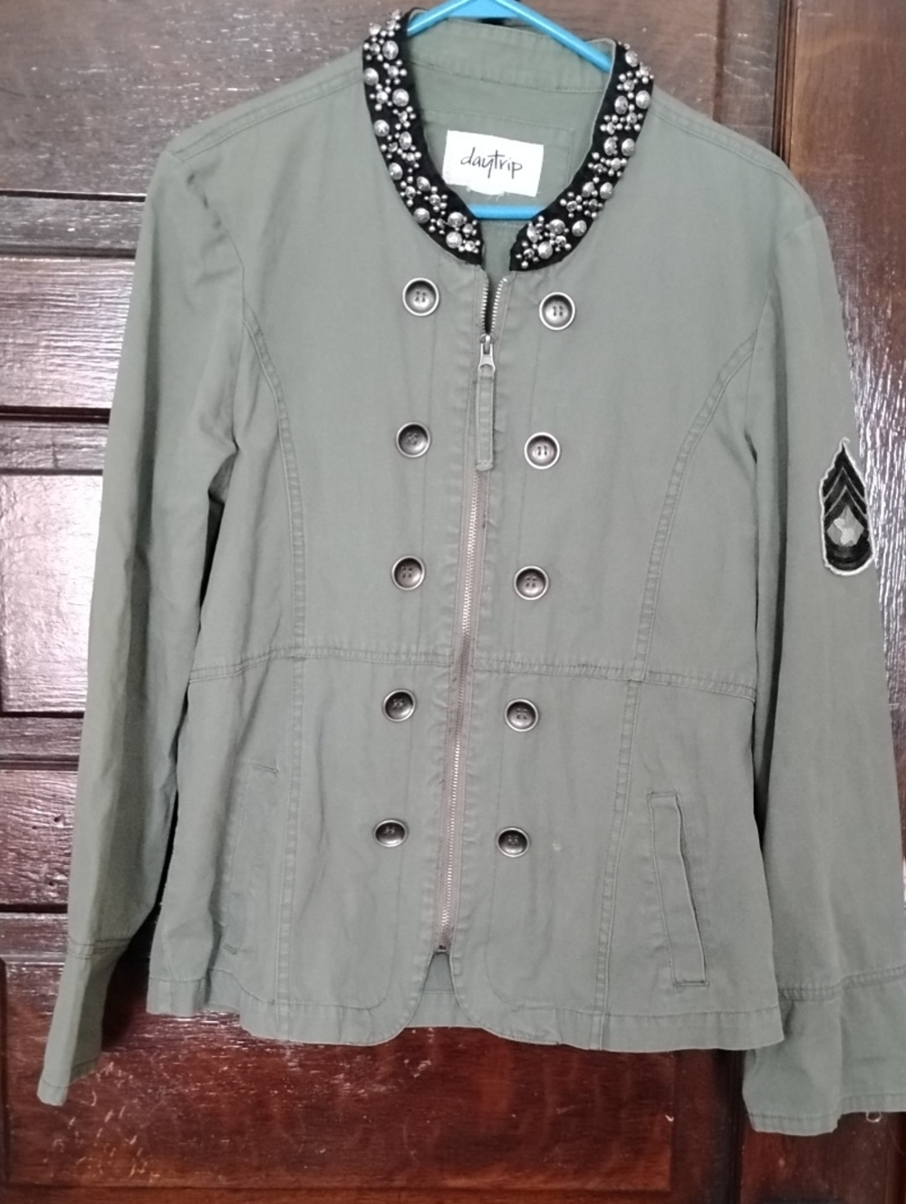 daytrip Olive Military-Style Embellished Collar Jacket
